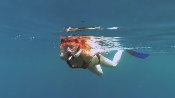 Schnorcheln. ein Mädchen mit Maske und Schlauch schwimmt im Meer — Stockvideo