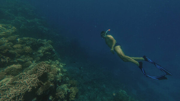 Snorkeling. The guy in the mask and tube floats in the sea