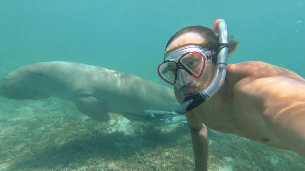 Dugong. Der Kerl macht Selfie mit Dugong. Rotes Meer. marsa alam. — Stockfoto