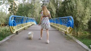 Bir kız ile bir köpek ile bir park yürüme mesafesindedir. Pomeranian Spitz