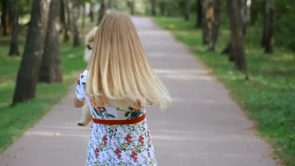 Una chica está caminando con un parque con un perro. Spitz de Pomerania — Vídeos de Stock