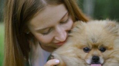 Bir kız ile bir köpek ile bir park yürüme mesafesindedir. Pomeranian Spitz