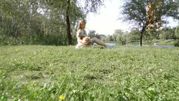 Una chica está caminando con un parque con un perro. Spitz de Pomerania — Vídeos de Stock