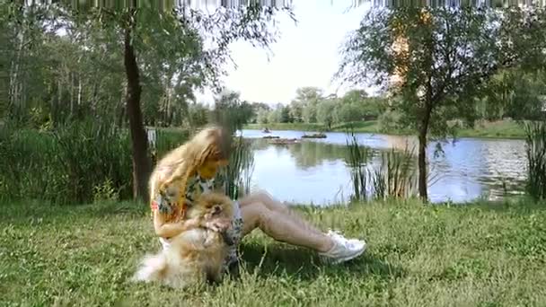 여자는 강아지와 함께 공원으로 걷고 있습니다. 포 스 피 츠 — 비디오