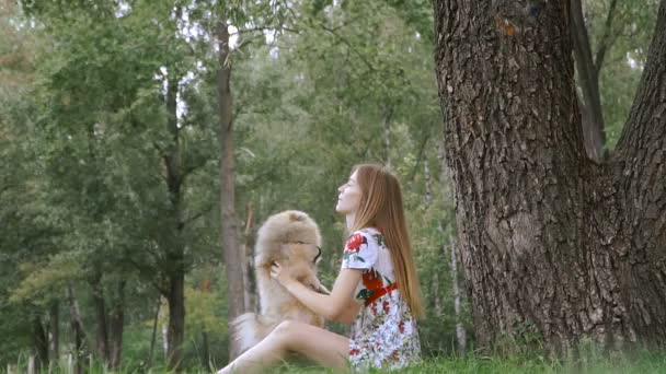 Una chica está caminando con un parque con un perro. Spitz de Pomerania — Vídeo de stock