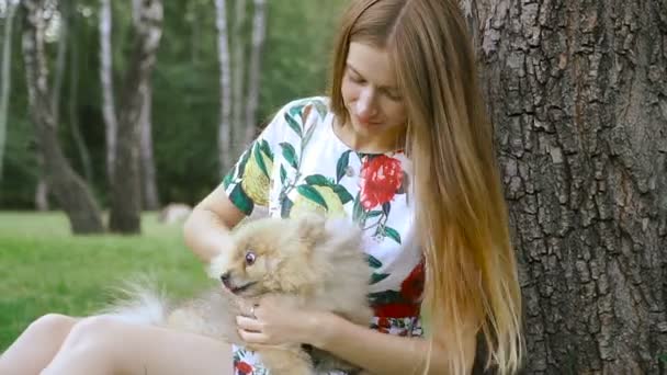 Ένα κορίτσι είναι το περπάτημα με ένα πάρκο με ένα σκυλί. Pomeranian Spitz — Αρχείο Βίντεο