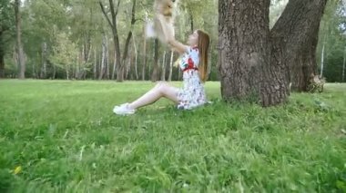 Bir kız ile bir köpek ile bir park yürüme mesafesindedir. Pomeranian Spitz