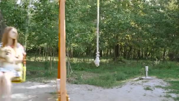 Çocuk swing. Bir kızla bir salıncak üzerinde bir köpek kataetsya. — Stok video