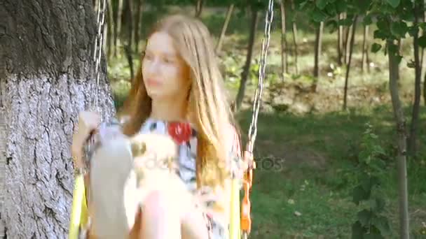 Детский качели. Девушка с собакой катаеться на качелях . — стоковое видео