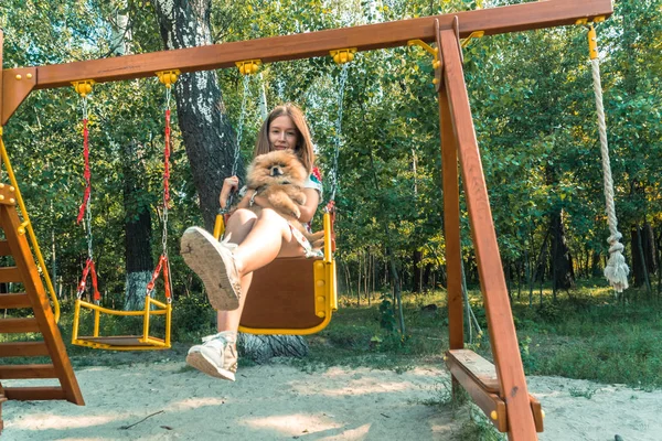 Balanço infantil. Uma menina com um cão kataetsya em um balanço . — Fotografia de Stock