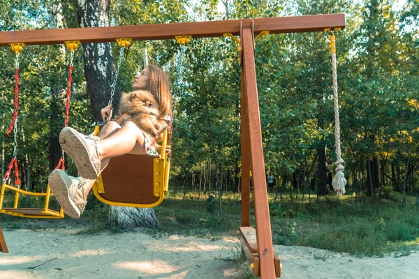 Children's swing. A girl with a dog kataetsya on a swing. — Stock Photo, Image