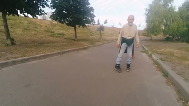Opa rolt op roller met een hond van het RAS Griffon — Stockvideo