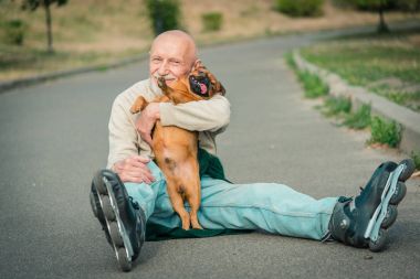 Büyükbaba Griffon doğurmak köpek ile silindir üzerinde rulo