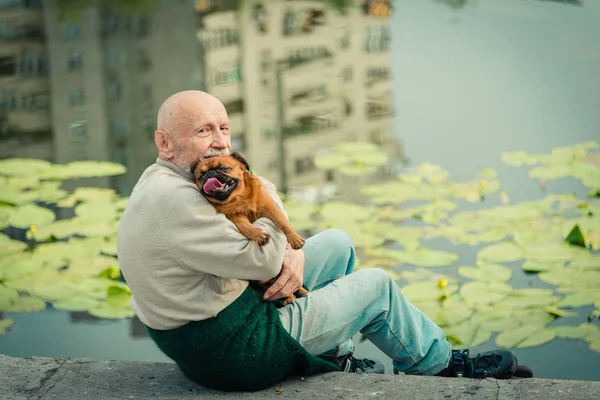 Abuelo con un perro de la raza Griffon —  Fotos de Stock