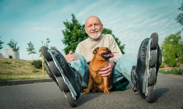 Opa rolt op roller met een hond van het RAS Griffon — Stockfoto