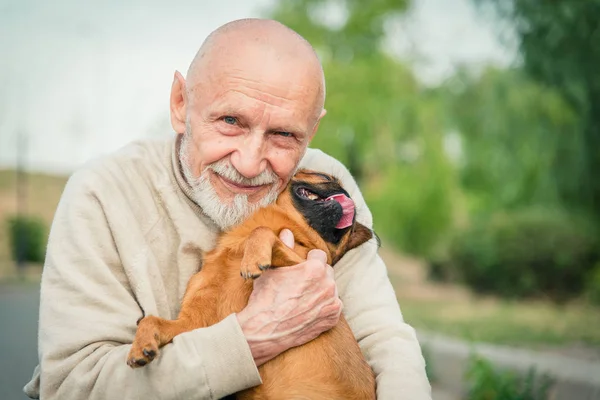Nonno con un cane della razza Griffon — Foto Stock