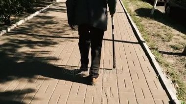 Yaşlılık. Büyükbaba bir tekerlekli sandalye ile cadde boyunca gider
