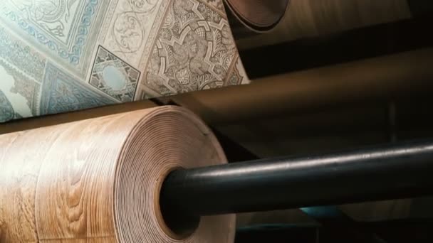 Linoleum. Rolls of linoleum in the shop window — Stock Video