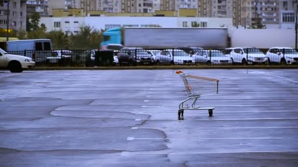 Een winkelwagentje. Het winkelwagentje is op de parkeerplaats — Stockvideo