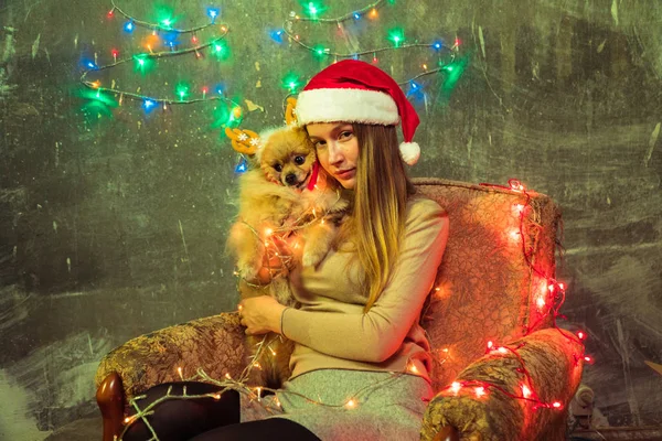 Дівчина в Різдво капелюх з собакою Поморського, Померанський — стокове фото