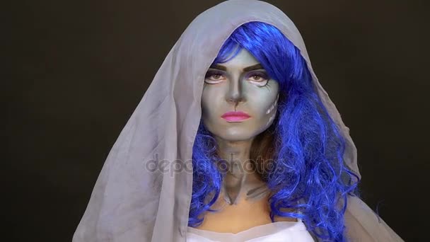 Makeup. Image of a witch in a bride dress — Stock Video