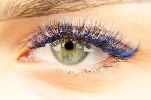 Olhos. Olhos verdes com pestanas azuis — Fotografia de Stock