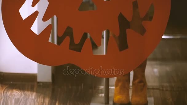 Halloween Shop Window Decorated Evil Pumpkin — Stock Video