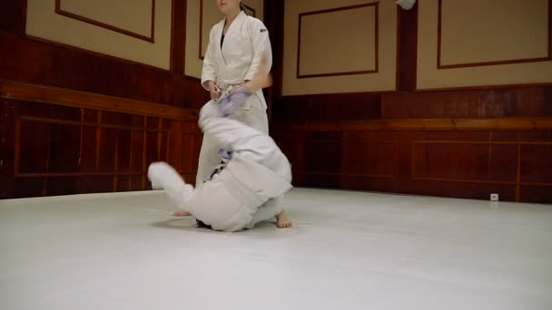 Pelea Las Niñas Entrenan Para Entrenar Judo Jujitsu — Vídeo de stock