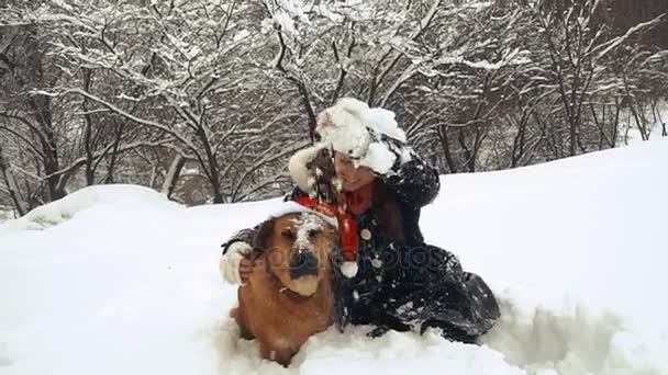 Χειμώνα Κορίτσι Ένα Σκύλο Ένα Καπέλο Βασίλη — Αρχείο Βίντεο