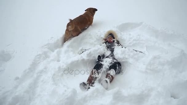 Winter Girl Walking Dog Snowy Weather — Stock Video