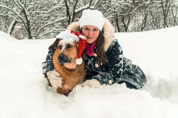 Musim dingin. Gadis dengan anjing dengan topi Santa Claus — Stok Foto