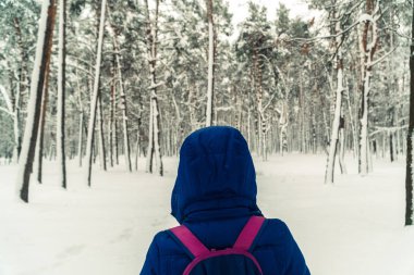 Kış. Bir kız bir karla kaplı ormanda yürüyor