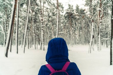 Kış. Bir kız bir karla kaplı ormanda yürüyor