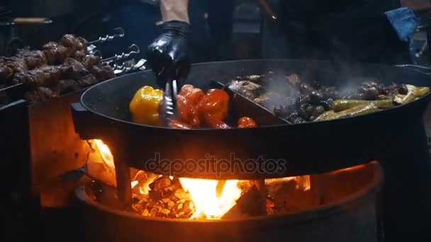 Street Food Food Cooked Stake — Stock Video