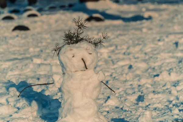 Bonhomme de neige. Un bonhomme de neige triste se tient au milieu de la forêt — Photo