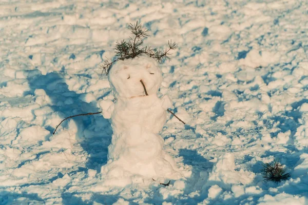 Снеговик. Печальный снеговик стоит посреди леса. — стоковое фото