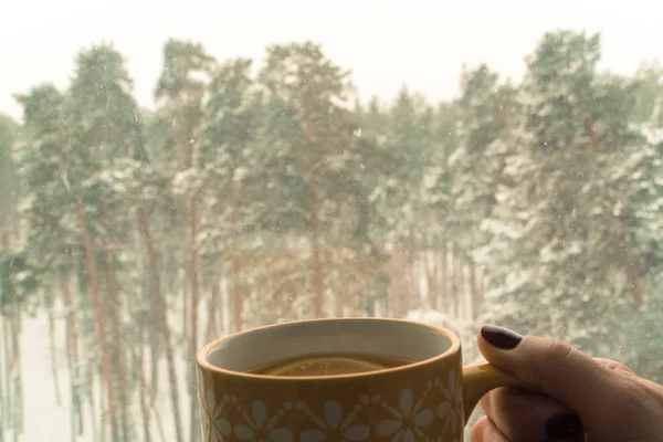 Hot coffee in the winter forest. Girl drinking coffee