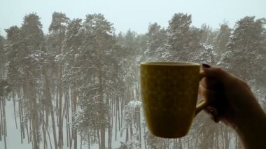 Sıcak kahve kış ormanın içinde. Kahve içme kız