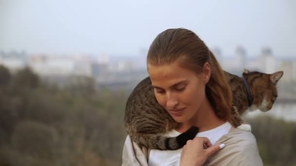 Cat Leash Girl Walking Cat Sits Her Shoulder — Stock Video