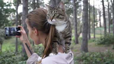 Selfy. Bir selfie bir kız ile bir kedi yapar
