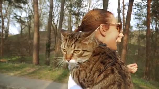 Кіт Повідку Дівчина Йде Котом Який Сидить Плечі — стокове відео