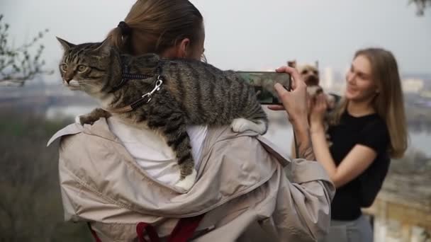 Selfy Uma Menina Com Gato Ombro Leva Uma Menina Cão — Vídeo de Stock