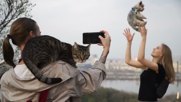 Selfy Una Chica Con Gato Hombro Toma Una Chica Perro — Vídeos de Stock