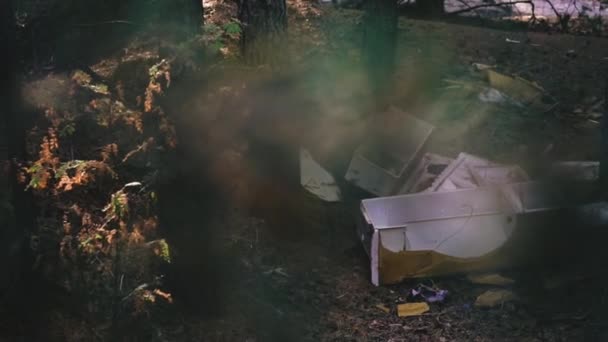 Trash Discarded Garbage Middle Forest — Stock Video
