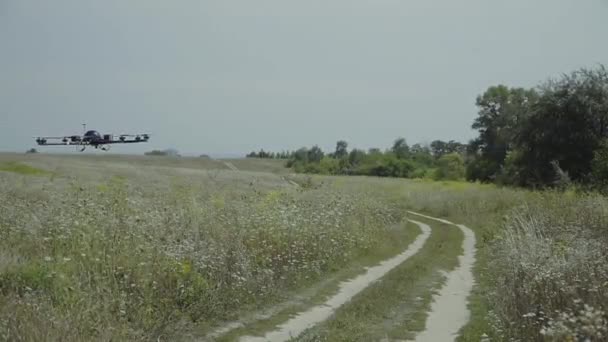 Quadricóptero Grande Quadrocopter Voa Sobre Campos Varre Território — Vídeo de Stock