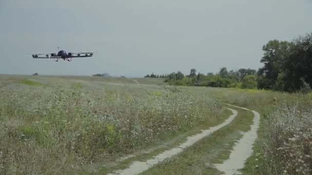 Quadricóptero Grande Quadrocopter Voa Sobre Campos Varre Território — Vídeo de Stock