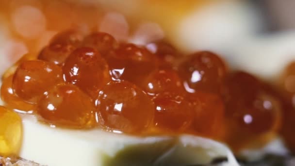 Caviar Rojo Caviar Rojo Untado Sobre Pan Integral Mantequilla — Vídeo de stock