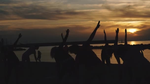 Aufladen Menschen Bei Sonnenuntergang Machen Übungen — Stockvideo