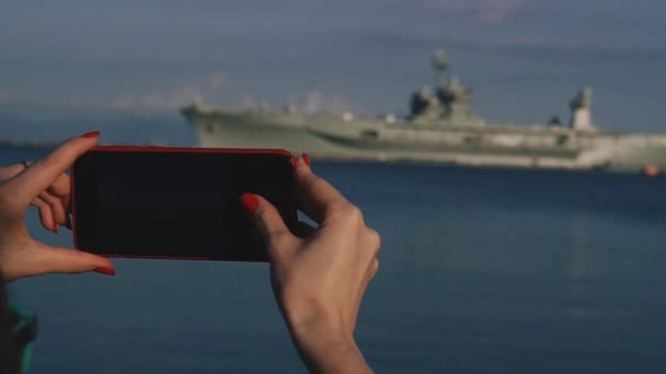 Warship Girl Takes Warship Her Cell Phone — Stock Video