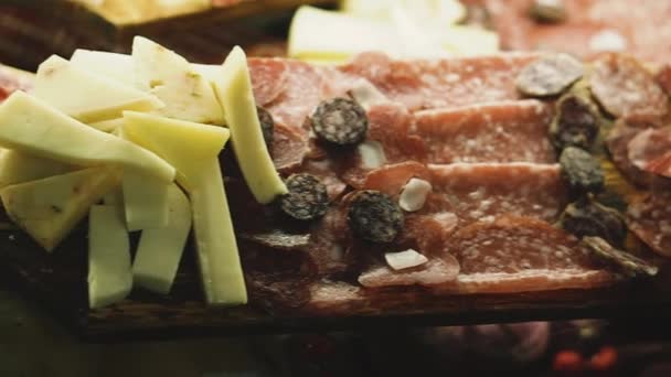 Food Showcase Various Smoked Meat Cheese — Stock Video